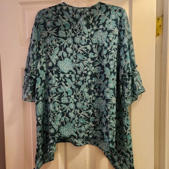 new LC Lauren Conrad Brocade Blooms Teal Blouse Shark Bite Hem Large - Picture 4 of 4